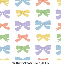 Seamless pattern with pastel colorful hand drawn bows. Vector flat background with ribbons in coquette aesthetic