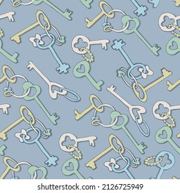 Seamless pattern with pastel colorful keys and key chains for wrapping paper design, craft, surface design and other design projects.