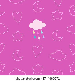 Seamless pattern in pastel colors, background illustration with cloud, heart, moon, star. Baby shower style in vector