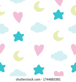 Seamless pattern in pastel colors, background illustration with cloud, heart, moon, star. Baby shower style in vector