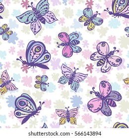 Seamless pattern in pastel colors with beautiful and colorful butterflies. Background can be used for fabric design, wallpaper, wrapping paper, children's clothing, bed linen.