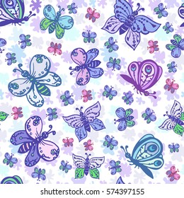 Seamless pattern in pastel colors with beautiful and colorful butterflies. Background can be used for fabric design, wallpaper, wrapping paper, children's clothing, bed linen.