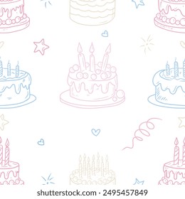 Seamless pattern with pastel colors birthday cakes in pink, blue, orange colors on white background. Hand drawn vector sketch illustration in doodle engraved vintage line art style. Happy birthday