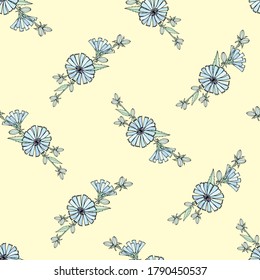 Patrón inmaculado en ramas de colores pastel con flores de achicoria azul sobre un fondo amarillo. Ilustración vectorial para textiles, anuncios, postales, carteles, pancartas, tela, papel.