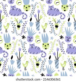 Patrón inmaculado con gatos de colores pastel y flores sobre fondo blanco. Diseño de resorte para tela y papel, texturas superficiales.