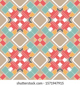 Seamless pattern in pastel colors with complex cross-shaped elements. Vector illustration