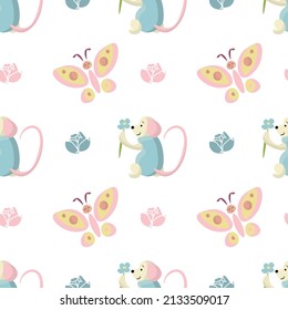 Seamless pattern in pastel colors with cute mice, butterflies, flowers on a white background. Vector design for baby products, diapers, clothes, textiles, wrapping paper, prints, decorations.