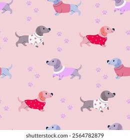 Seamless pattern in pastel colors with dachshunds in clothes and paw prints. Vector graphics.