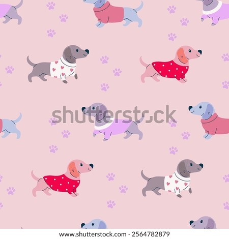 Seamless pattern in pastel colors with dachshunds in clothes and paw prints. Vector graphics.