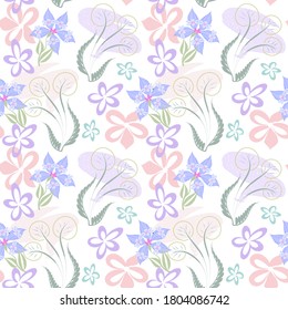 Seamless pattern in pastel colors of decorative flowers, gentle spring background, vector illustration for design of fabric, textile, paper.