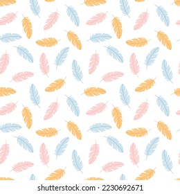 Seamless pattern with pastel colors feathers. Vector illustration. Design for scrapbooking, wrapping paper, fabric, textile.