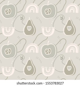 Seamless pattern in pastel colors with  with fruit: apple and pear