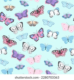 Seamless pattern in pastel colors with the image of flying butterflies in pink, purple, blue, white and other colors. Vector illustration on a light turquoise background.