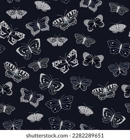 Seamless pattern in pastel colors with the image of flying butterflies in black and white colors . Vector illustration on a black background.
