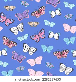 Seamless pattern in pastel colors with the image of flying butterflies in pink, purple, blue, white and other colors. Vector illustration on a blue background.