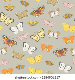 Seamless pattern in pastel colors with the image of flying butterflies in red, yellow, white, orange and other colors. Vector illustration on a warm gray background.