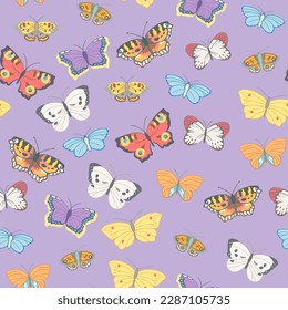 Seamless pattern in pastel colors with the image of flying butterflies in red, yellow, white, orange and other colors. Vector illustration on a light purple background.