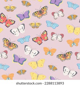 Seamless pattern in pastel colors with the image of flying butterflies in red, yellow, white, orange and other colors. Vector illustration on a light pink background.