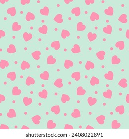 Seamless pattern in pastel colors. Pink hearts on a blue background..