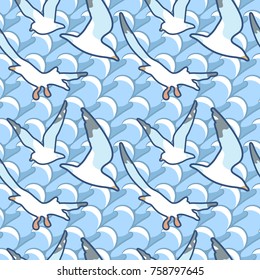 Seamless pattern in pastel colors of sea theme. Flying white gulls over the stormy sea. Vector image.