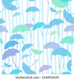 Seamless pattern in pastel colors silhouettes of umbrellas on a background of vertical wavy lines for the design of fabric, paper. Vector illustration.