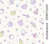 Seamless pattern. Pastel colors. Thin line icons of baby items. Also for printing on paper and fabric. 
