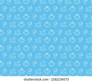 Seamless pattern. Pastel colors. Thin line icons of baby items. Also for printing on paper and fabric. Seamless Pattern Baby Icons Green And White Outline.