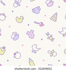 Seamless pattern. Pastel colors. Thin line icons of baby items. Also for printing on paper and fabric. 