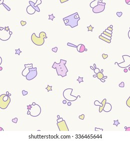 Seamless pattern. Pastel colors. Thin line icons of baby items. Also for printing on paper and fabric. 
