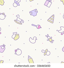 Seamless pattern. Pastel colors. Thin line icons of baby items. Also for printing on paper and fabric. 