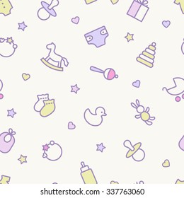 Seamless pattern. Pastel colors. Thin line icons of baby items. Also for printing on paper and fabric. 