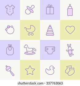 Seamless pattern. Pastel colors. Thin line icons of baby items. Also for printing on paper and fabric. 