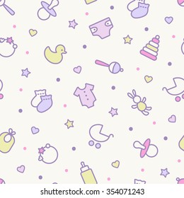 Seamless pattern. Pastel colors. Thin line icons of baby items. Also for printing on paper and fabric.  svg