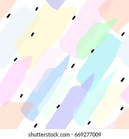Seamless pattern in pastel colors from transparent brush strokes and small black dashes. Vector abstract background.