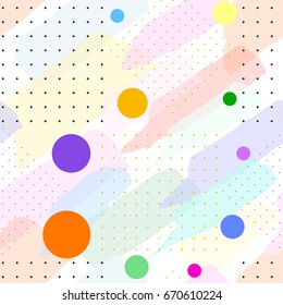 Seamless Pattern In Pastel Colors From Transparent Brush Strokes, Small Dots And Color Circles. Vector Abstract Background.