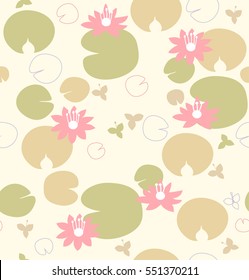 Seamless pattern in pastel colors with water lilies, lotus. Vector decorative background
