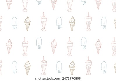 Patrón sin fisuras con conos de helado de colores pastel, batidos y paletas de helado sobre un fondo blanco. Tema de postre de verano para diseño e impresión.