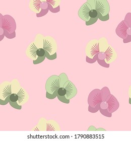 Seamless pattern in pastel colours with orchids on a blue background. Design for textiles, posters, labels. 