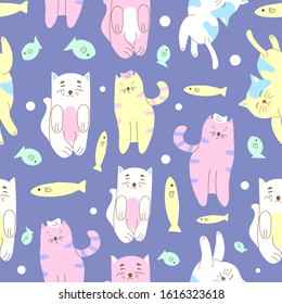 Seamless pattern pastel cute cats,cartoon hand drawn texture vector illustration
