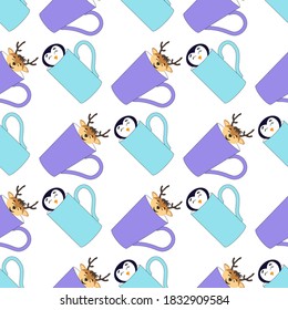 
Seamless pattern of pastel cute cups with smiling deer, penguins on a white background. Vintage prints in flat style for interior. Stock wind illustration for decor and design, fabric.