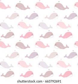 Seamless Pattern of Pastel Cute Whales on White Background