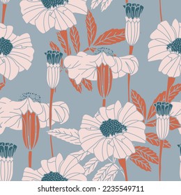 Seamless pattern with pastel daisy flower. Delicate floral meadow. Botanical hand drawn seamless pattern on blue backgrounds vector illustration. Vintage summer wallpaper. Vector illustration