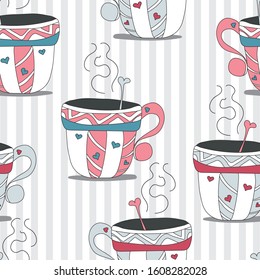 Seamless pattern with pastel doodle cartoon mugs. Vector hand drawn flat style illustration isolated on white background. It can be used as a print, on cards, textile, fabric.