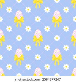 Seamless pattern of pastel Easter eggs with bows and diagonal lines with daisy flowers on a blue background