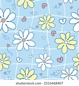 Seamless pattern of pastel floral and heart with hand drawn checkerboard line pattern. It's a pattern that looks feminine. Pattern design for fabric, wrapping paper, wallpaper and fashion prints.