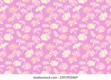 Seamless pattern with pastel floral on a pink background. Vector hand drawn doodle sketch. Simple, flat ditsy shape flowers. Design for fabric, fashion, wallpaper, textile
