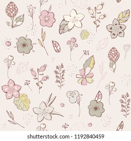 Seamless pattern. pastel Flower graphic design. Vector set of floral elements with hand drawn flowers. Collection set of doodle floral elements. Modern botany set. Hand drawing.