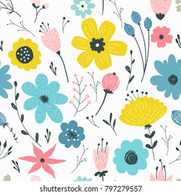 Seamless pattern with pastel flowers. Hand drawn flower background for design and decoration textile, fabric, gift wrap, wall art design.
