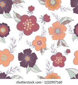 Seamless pattern with pastel flowers romantic elements. Endless color floral texture for design