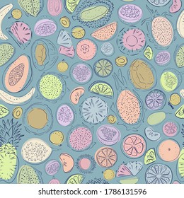 Seamless pattern with pastel fruit - papaya, lemon, orange, tangerine, mango, mangosteen, rambutan, coconut, dragonfruit. passionfruit, banana, longan, ananas, durian, maracuja on blue background